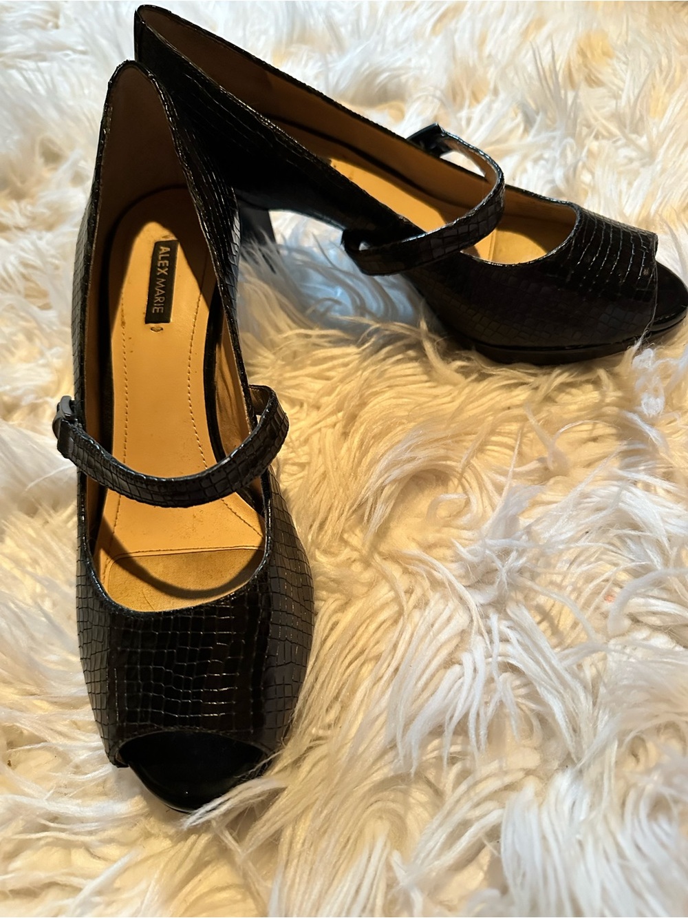 Alex Marie Black Textured Peep-Toe Mary Jane Heels with Strap